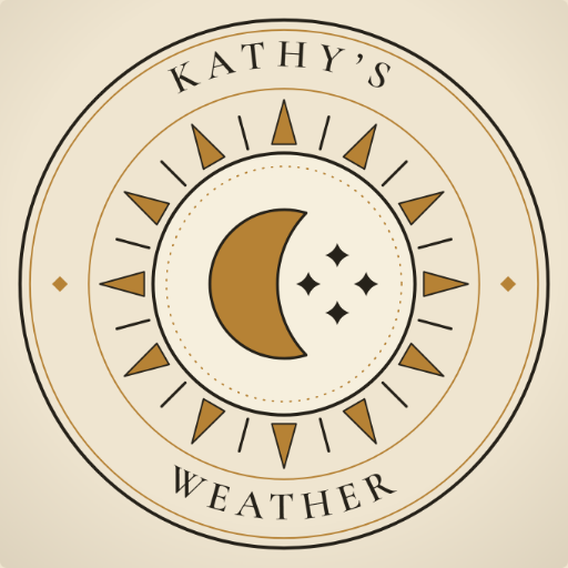 Kathy's Weather — a cream and gold almanac emblem with a sunburst and crescent moon